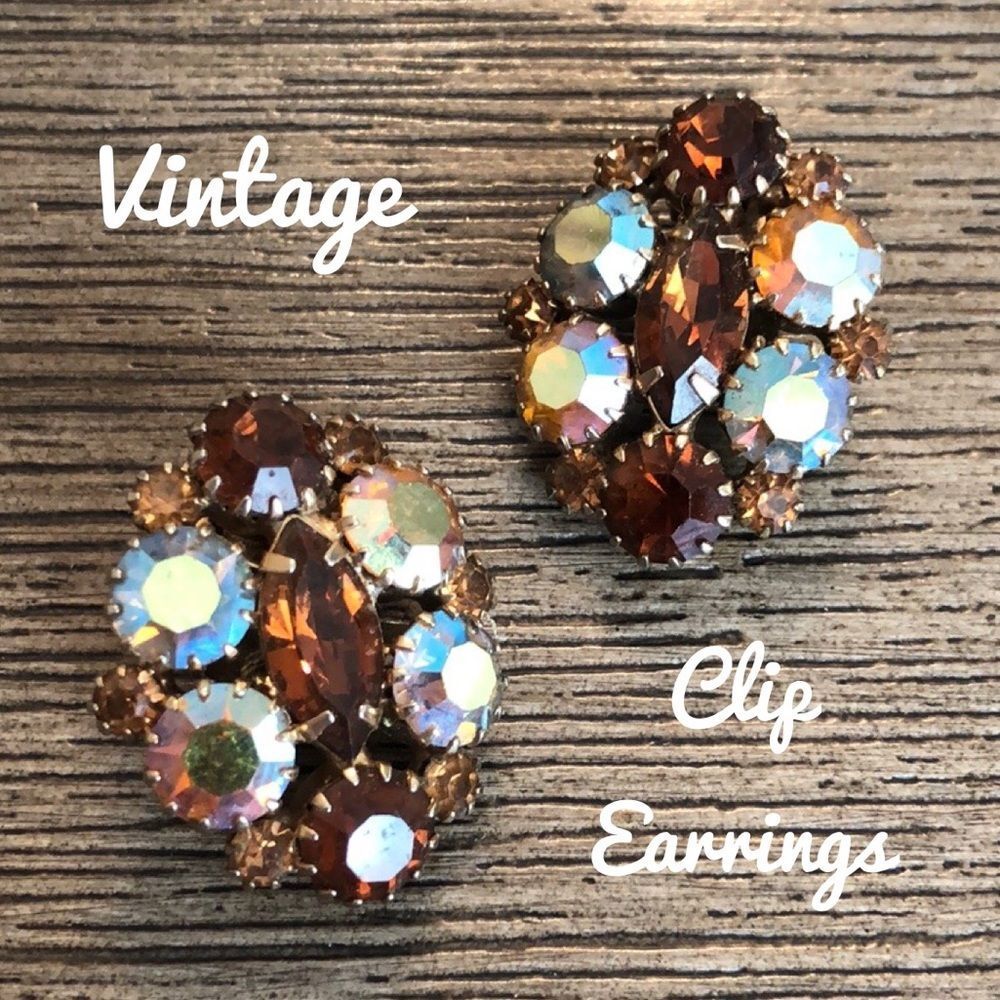 Vintage Aurora Borealis Brown Crystal Clip Earring